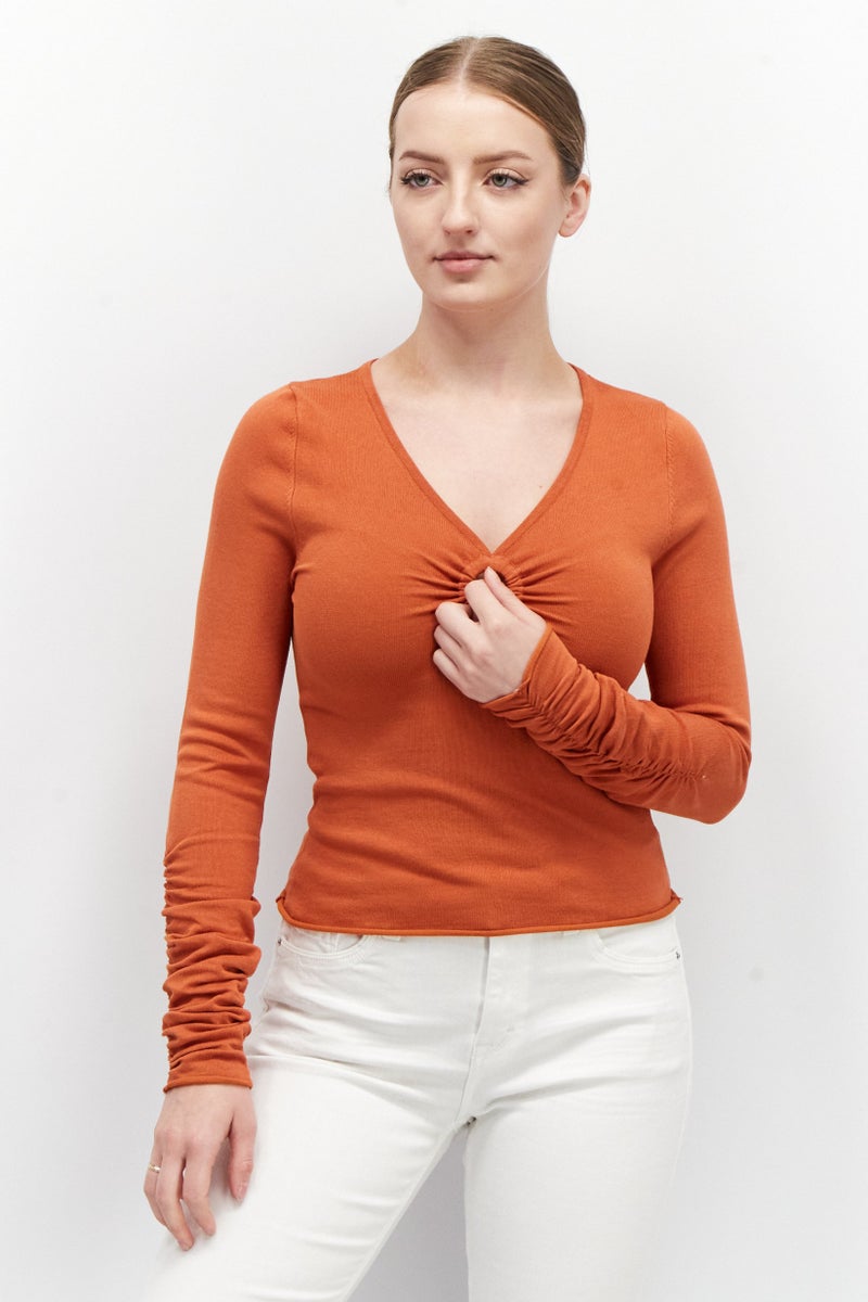 ASOS Women V-Neck Long Sleeves Textured Top, Orange - Image 1