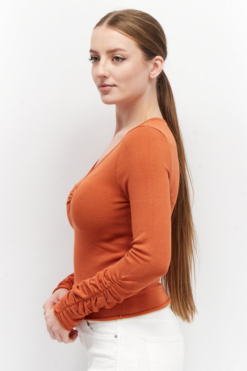ASOS Women V-Neck Long Sleeves Textured Top, Orange - Image 4