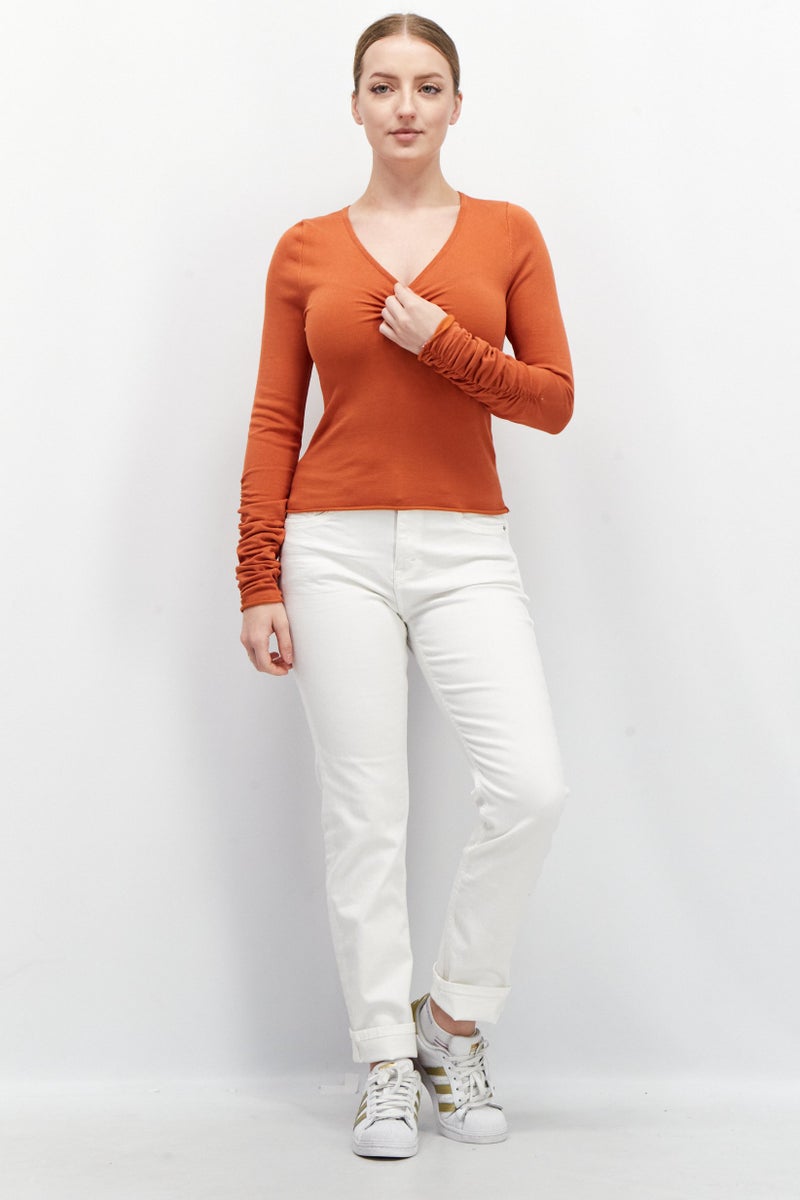 ASOS Women V-Neck Long Sleeves Textured Top, Orange - Image 2