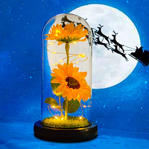 QUELIEN Sunflower Gift for Women,Sun Flowers Home Decor,Preserved Sunflower Bouquet in Glass Dome,Birthday Gifts for Her Mom - Image 4
