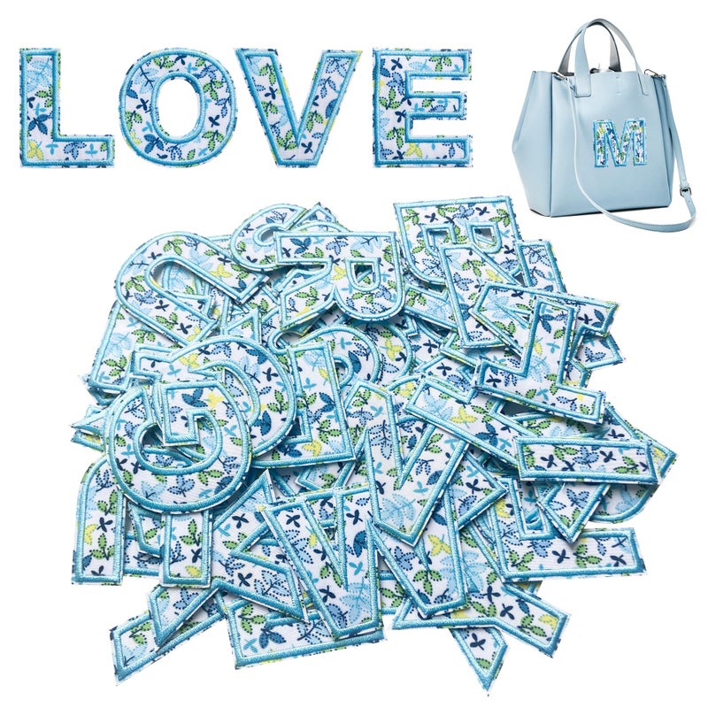 Jongdari 26pcs Iron on Letters for Clothing, Flower Embroidery Varsity Alphabet Letterman Decorate Repair Patches with Ironed Adhesive for Shirts Jackets Hats Jeans Shoes Bags - Blue - Image 1