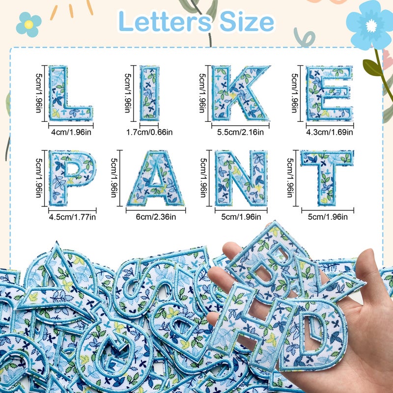 Jongdari 26pcs Iron on Letters for Clothing, Flower Embroidery Varsity Alphabet Letterman Decorate Repair Patches with Ironed Adhesive for Shirts Jackets Hats Jeans Shoes Bags - Blue - Image 2