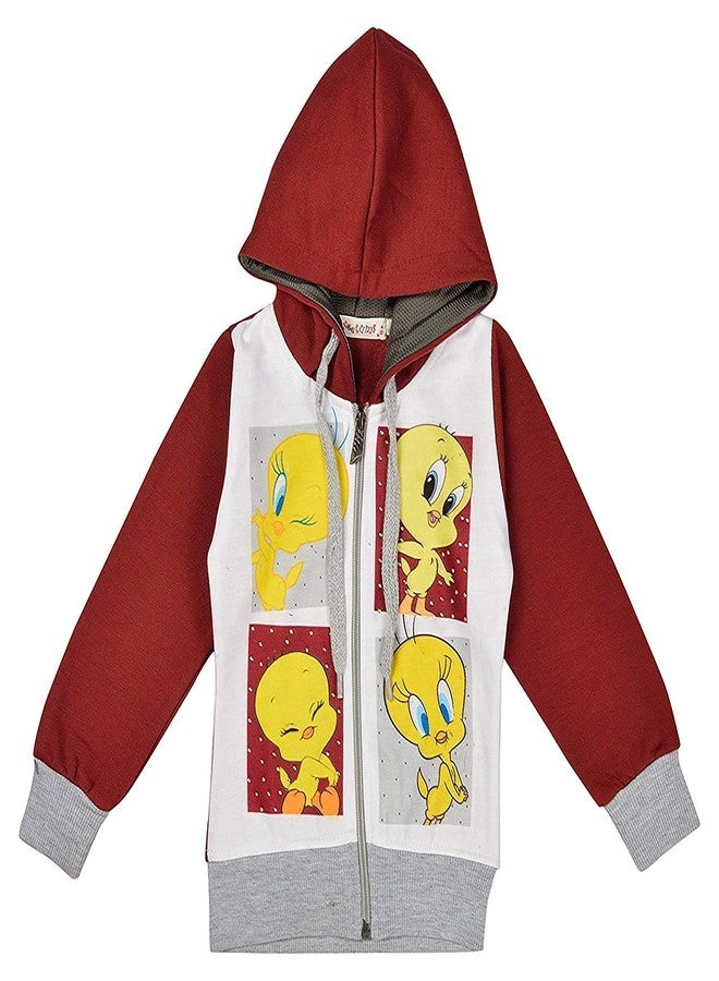 Sweetums Girls' Hooded Sweatshirt (Tweety, Cartoon, Zipped, Maroon Red, 6 Months Upto 3 Years) (6-12 Months) - Image 1