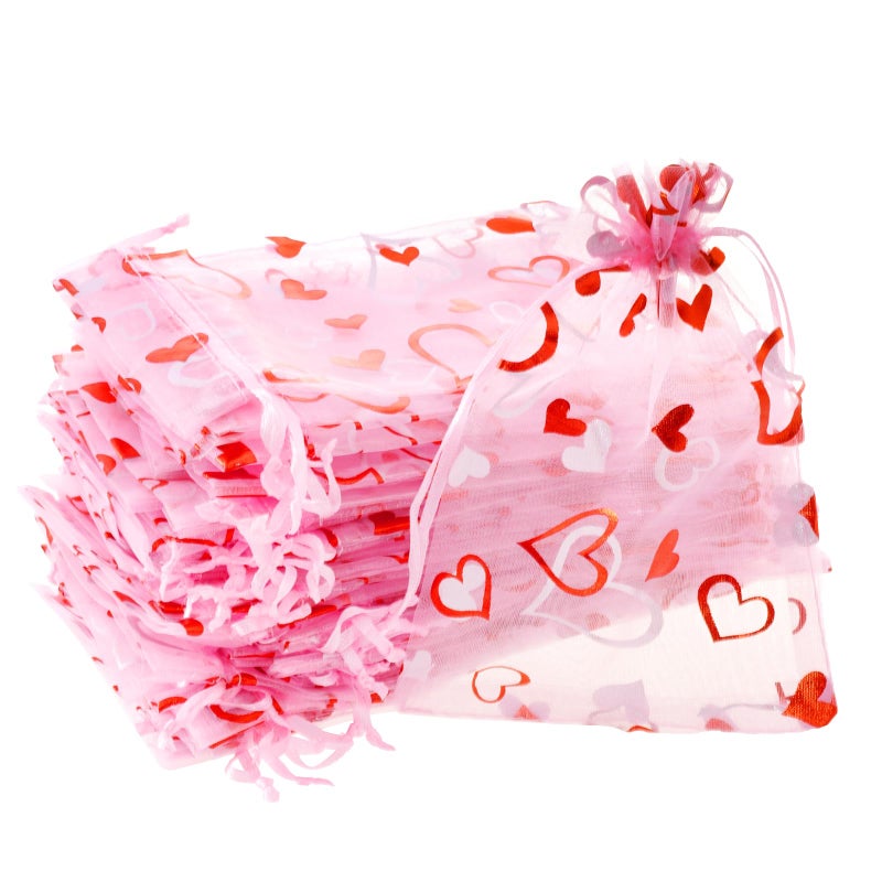 Bskifnn Love Heart Printed Valentine Candy Bags Organza Bags Gift Jewelry Bags for Wedding Valentine's Day Mother's Day Party 4 x 6Inch (50) - Image 1