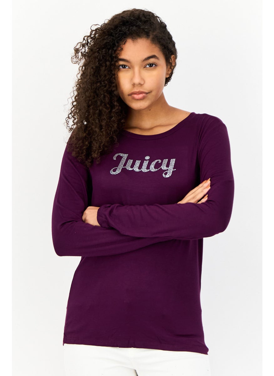 Juicy Couture Women Round Neck Long Sleeve Embellished Logo T-Shirt, Wine  - Image 1