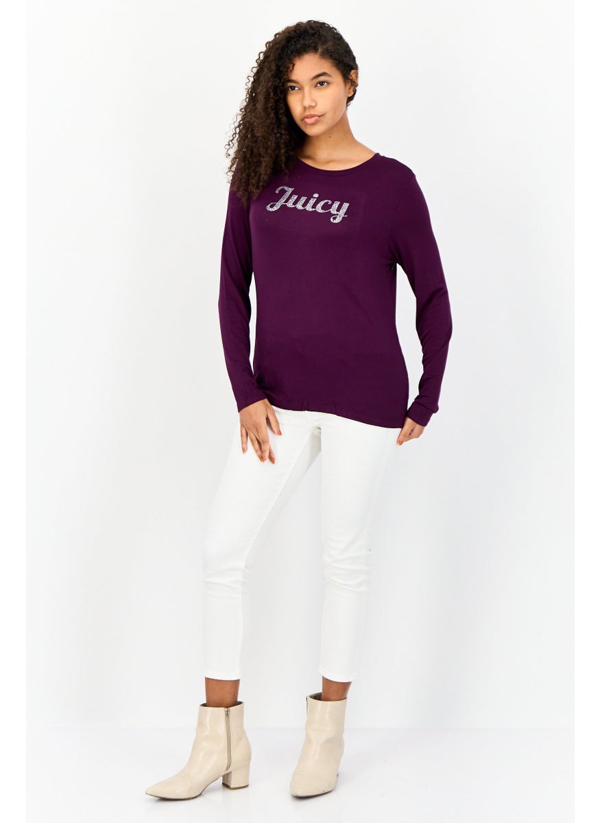 Juicy Couture Women Round Neck Long Sleeve Embellished Logo T-Shirt, Wine  - Image 4