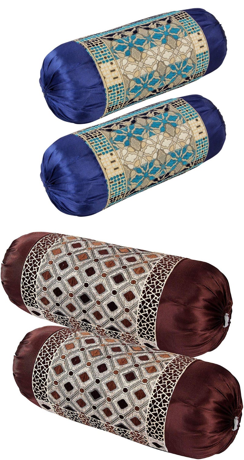 HSR Collection Chenille Velvet Luxury Round Bolsters Covers (32 x 16, Standard, Blue & Coffee) - Set of 4 - Image 1