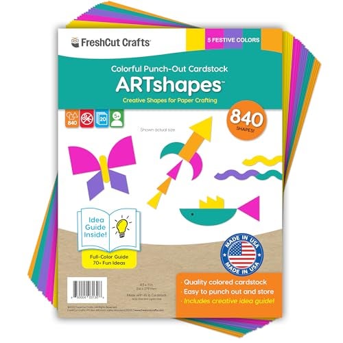 FreshCut Crafts ARTshapes 840 pc Creative Paper Shapes Pack with 70+ Idea Guide - US Made Card Stock - Punch Out Funky DIY Craft Supplies for Whimsical Art Designs, Paper Crafts, and Pattern Play 5 Festive Colors - Image 1