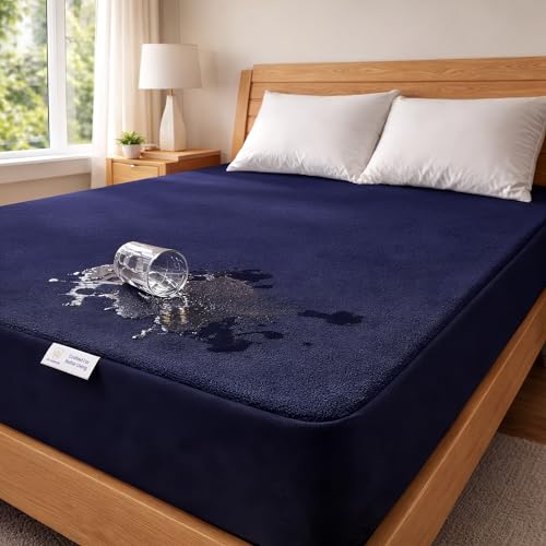 MY ARMOR Waterproof Mattress Protector Queen Size, 78"x60", 6.5x5 feet, Double Bed Protector Sheet Cover, Breathable and Ultra Soft Fitted Terry Cotton Feel Fabric, Elastic Skirting, Navy Blue - Image 1