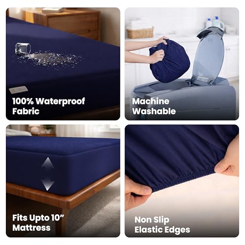 MY ARMOR Waterproof Mattress Protector Queen Size, 78"x60", 6.5x5 feet, Double Bed Protector Sheet Cover, Breathable and Ultra Soft Fitted Terry Cotton Feel Fabric, Elastic Skirting, Navy Blue - Image 4
