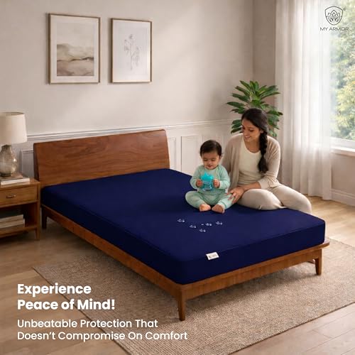 MY ARMOR Waterproof Mattress Protector Queen Size, 78"x60", 6.5x5 feet, Double Bed Protector Sheet Cover, Breathable and Ultra Soft Fitted Terry Cotton Feel Fabric, Elastic Skirting, Navy Blue - Image 3