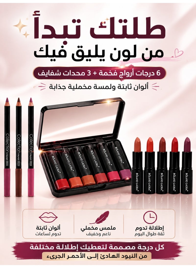 BOLAND LAURA Luxury Matte Lipstick Set with Professional Lip Liners – 6 Long-Lasting Velvet Shades + 3 Precision Lip Pencils - Image 2