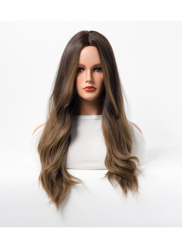 Estelle Wig Female Long Curly Hair Big Wave Medium Long Full Headgear Golden Mix Light Chocolate Brown - Image 1