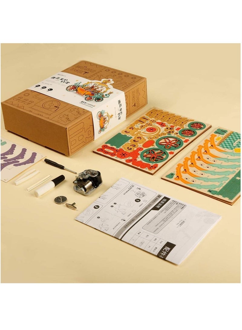 أحجية خشبية ثلاثية الأبعاد، صندوق موسيقى كرنك اليد، ألعاب ميكانيكية، مجموعة أعمال يدوية خشبية - هدية إبداعية للأولاد والبنات والكبار والأطفال (عربة اليقطين) - Image 5