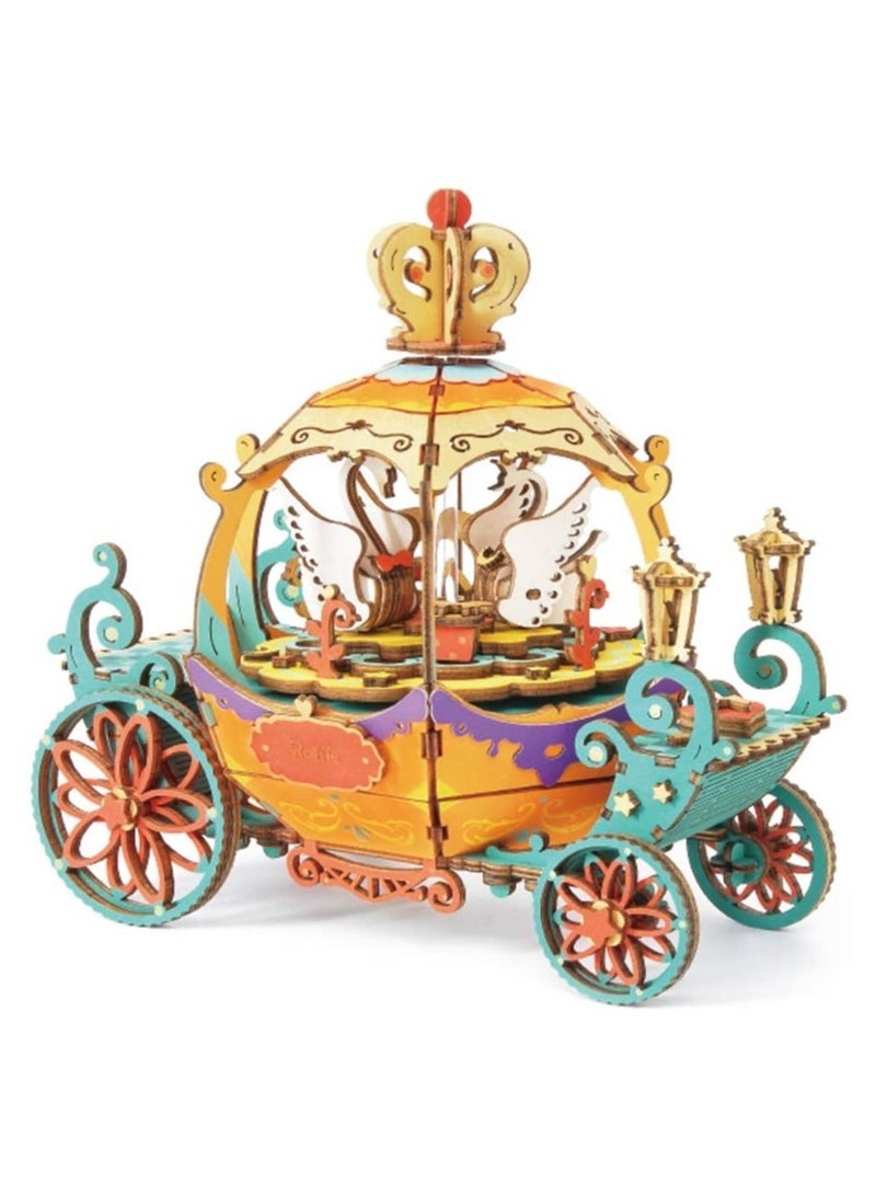 أحجية خشبية ثلاثية الأبعاد، صندوق موسيقى كرنك اليد، ألعاب ميكانيكية، مجموعة أعمال يدوية خشبية - هدية إبداعية للأولاد والبنات والكبار والأطفال (عربة اليقطين) - Image 2