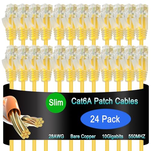 Lysymixs Cat6a Slim Ethernet Patch Cable 0.5 ft (24 Pack), Cat6a Patch Cable for Data Centers, Cat 6 Cable 10G, Network Patch Cables for Home and Enterprise Network -Yellow - Image 1