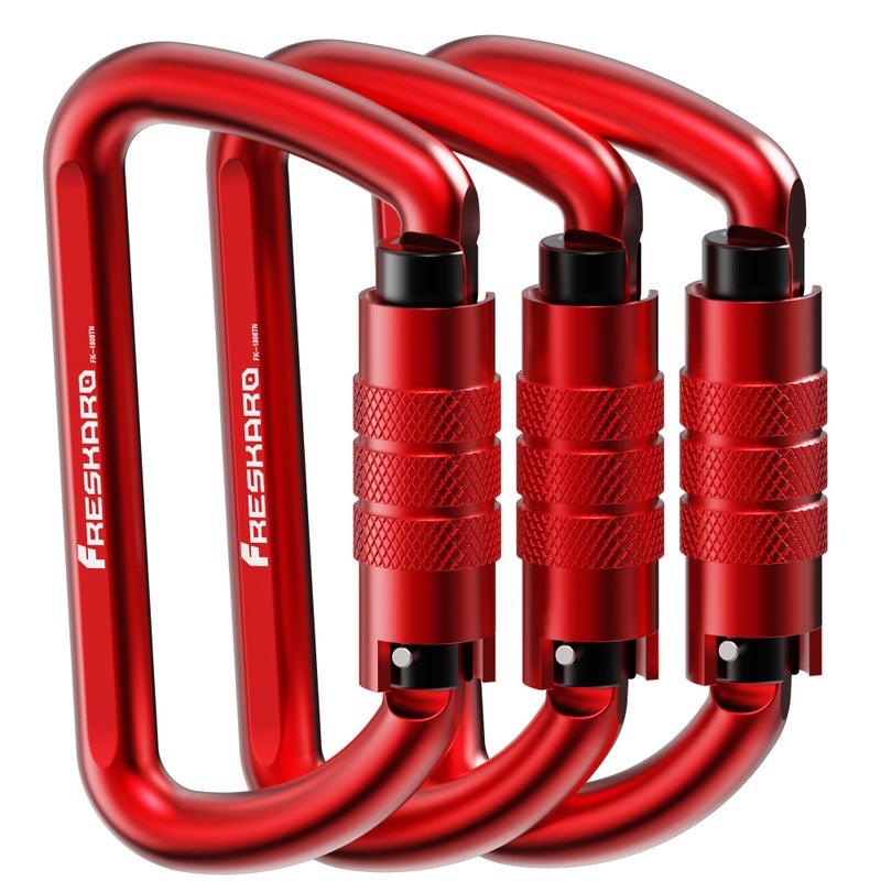 FresKaro 3inch Auto Locking Carabiner Clips, Solid D Shape Style, Heavy Duty Keychain Aluminum Carabiner - Holds a Maximum of 2698lbs, Lightweight 1.09oz, for Hammock, Hiking, Dog Leash, 3pack, Red - Image 1