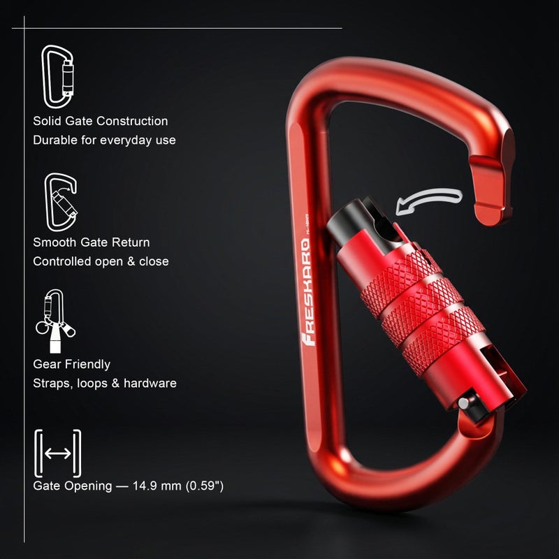 FresKaro 3inch Auto Locking Carabiner Clips, Solid D Shape Style, Heavy Duty Keychain Aluminum Carabiner - Holds a Maximum of 2698lbs, Lightweight 1.09oz, for Hammock, Hiking, Dog Leash, 3pack, Red - Image 3
