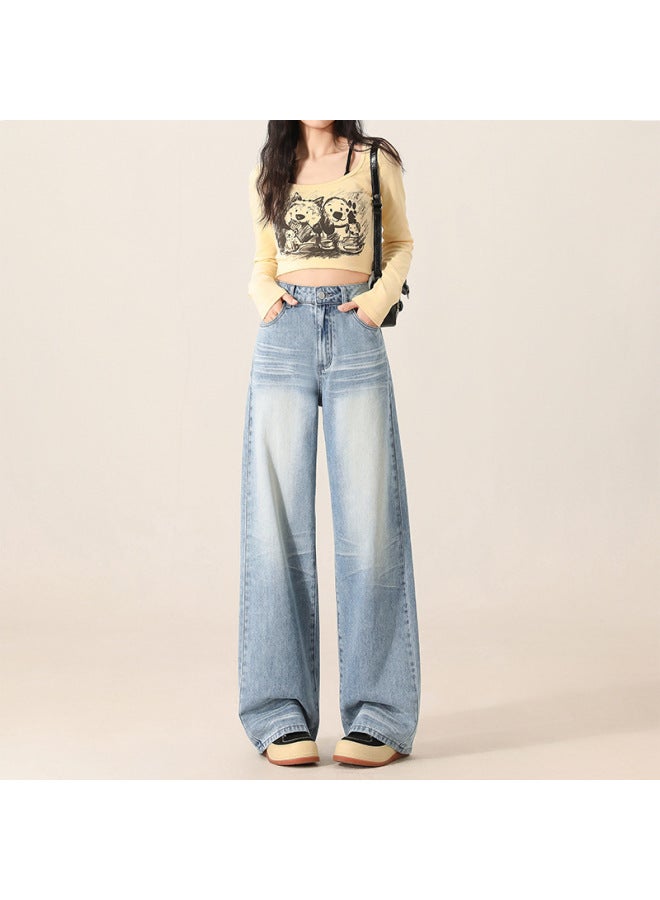 هابي بنطلون جينز واسع الساق باللون الأزرق الفاتح للنساء - جديد خريف 2024 - خصر عالي - موديل ضيق - ستايل أمريكي رجعي - بنطلون مستقيم الساق - Image 1