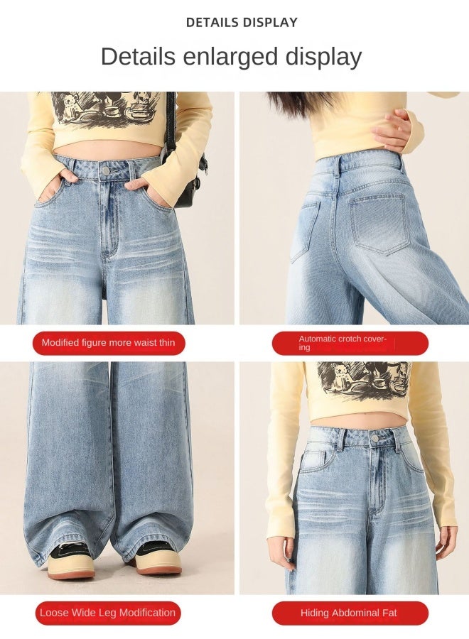 هابي بنطلون جينز واسع الساق باللون الأزرق الفاتح للنساء - جديد خريف 2024 - خصر عالي - موديل ضيق - ستايل أمريكي رجعي - بنطلون مستقيم الساق - Image 2