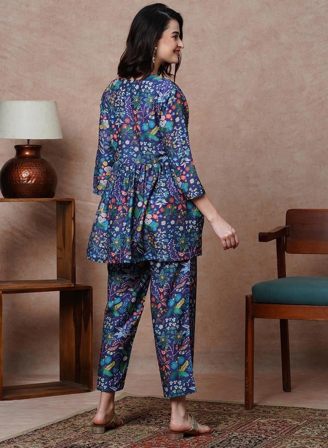 globus Globus Women Purple Printed Alia Cut Peplum Tunic & Straight Pants Co-Ord Set by Styli - Image 3