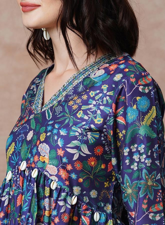 globus Globus Women Purple Printed Alia Cut Peplum Tunic & Straight Pants Co-Ord Set by Styli - Image 4