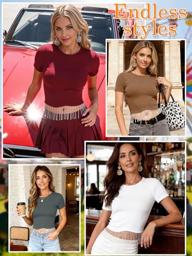 Nlife بلوزة قصيرة الأكمام مزينة باللمعان من Nlife للنساء مع حواف متدلية ورقبة سباق - Image 5