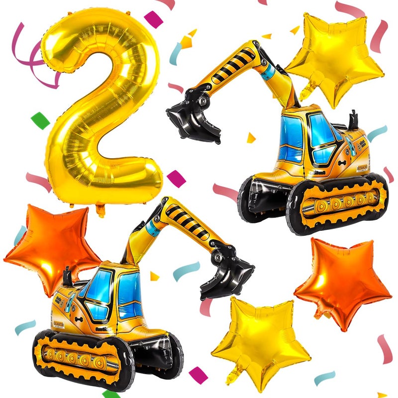 DANIUBE Construction Balloons, Self Standing 4D Excavator Balloon, Golden and Orange Star Balloon, Number 2 Foil Balloons for Kids 2nd Birthday Party Decorations Supplies.(2nd) - Image 1