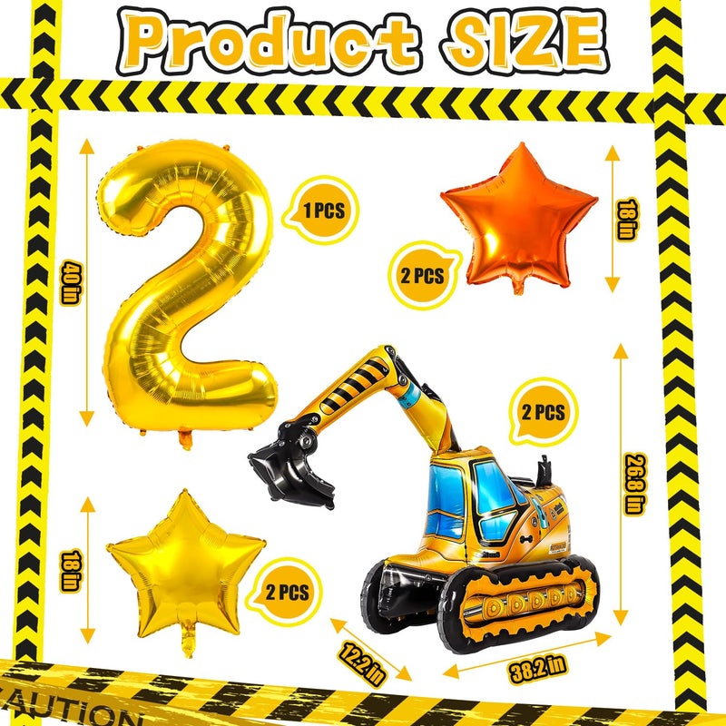 DANIUBE Construction Balloons, Self Standing 4D Excavator Balloon, Golden and Orange Star Balloon, Number 2 Foil Balloons for Kids 2nd Birthday Party Decorations Supplies.(2nd) - Image 2
