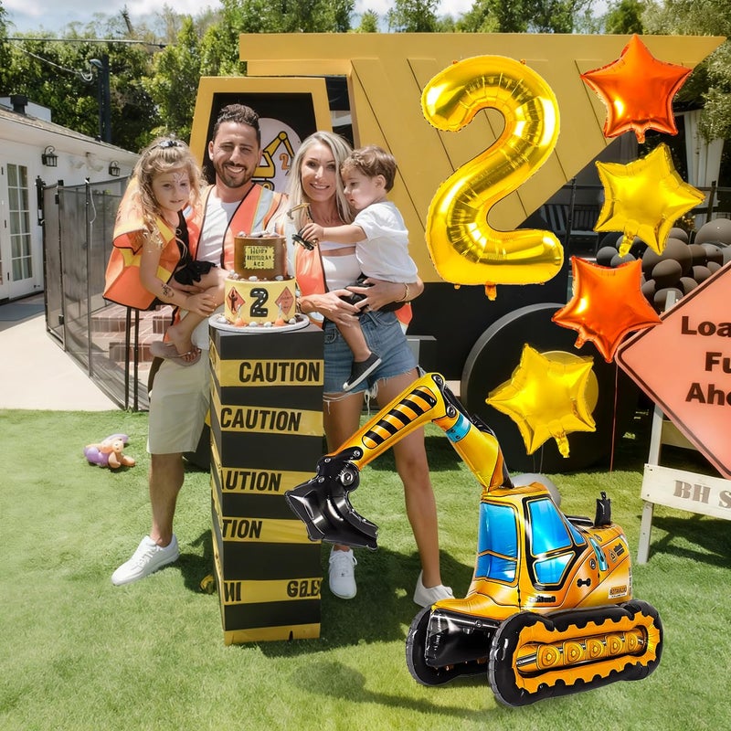 DANIUBE Construction Balloons, Self Standing 4D Excavator Balloon, Golden and Orange Star Balloon, Number 2 Foil Balloons for Kids 2nd Birthday Party Decorations Supplies.(2nd) - Image 3