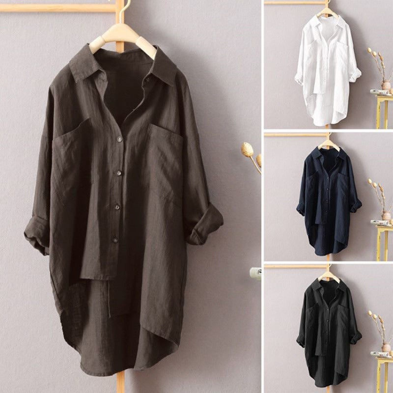 Women's Casual Cotton-Linen Shirt with Pockets, Long Sleeve, Solid Color - Image 2