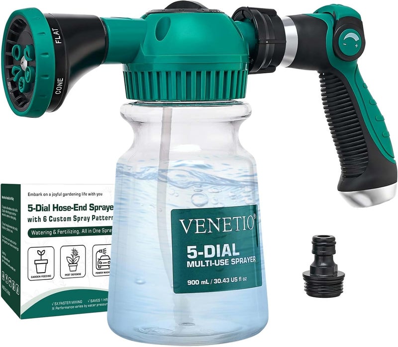 VENETIO مرشة 5-Dial ذات نهاية خرطوم - 6 أنماط رش قابلة للتعديل وزجاجة قابلة لإعادة التعبئة سعة 30 أونصة للأسمدة السائلة ومبيدات الأعشاب والصابون | مسدس رش متعدد الاستخدامات للحديقة والعناية بالسيارات والتنظيف الخارجي - Image 1