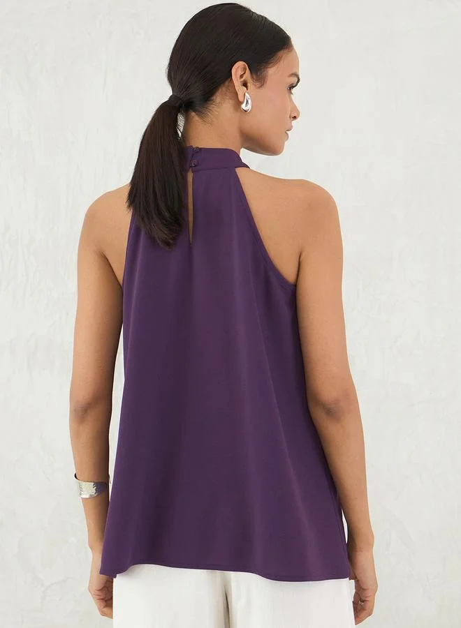 Femmella Deep Purple Asymmetric Hem Halter Neck Top