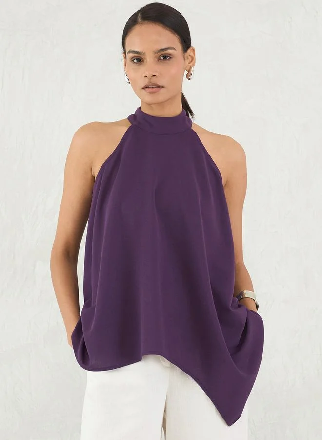 Femmella Deep Purple Asymmetric Hem Halter Neck Top
