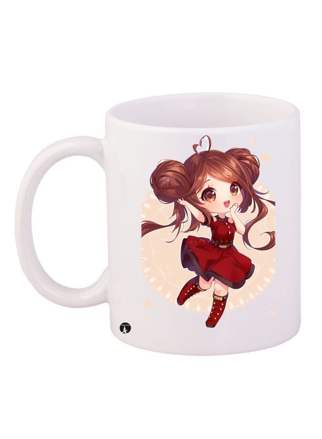 RYN Cartoon Girl Printed Coffee Mug White/Beige/Red 11ounce