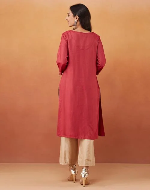 Fabindia Red Viscose Silk Embroidered Knee Length Kurta