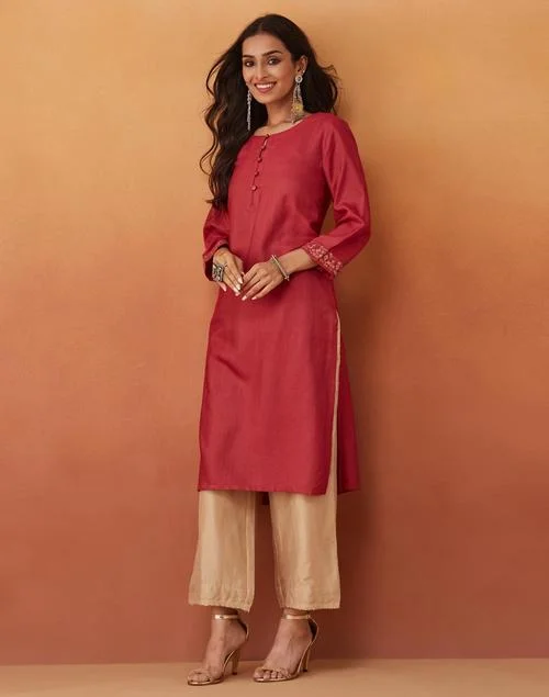 Fabindia Red Viscose Silk Embroidered Knee Length Kurta