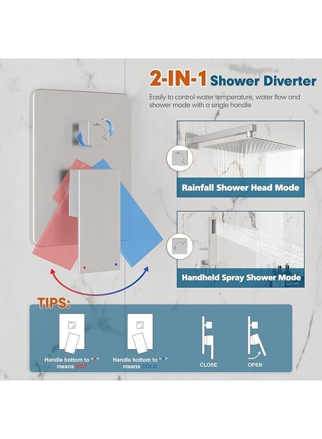 YD Luxury Wall Mounted Rainfall Shower System with Handheld Shower Set, Concealed Shower Mixer Valve Kit, High Pressure Square Rain Shower Head, Modern Bathroom Shower Combo with Adjustable Hand Shower Hose - Image 4
