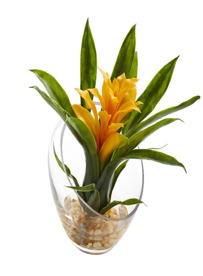 Nearly Natural Nearly Natural 1535-YL Tropical Bromeliad in Angled Vase, 8", Yellow  - Image 1