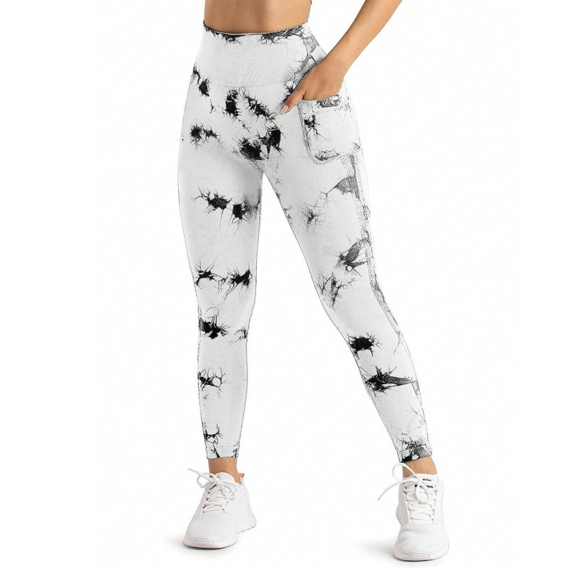 Loquat Tie-Dye Pocket Yoga Pants High-Waist Fitness White