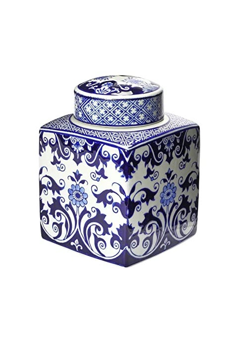 Creative Co-op Creative CoOp Decorative Square Ceramic Ginger Jar with Lid Blue and White Floral Pattern 