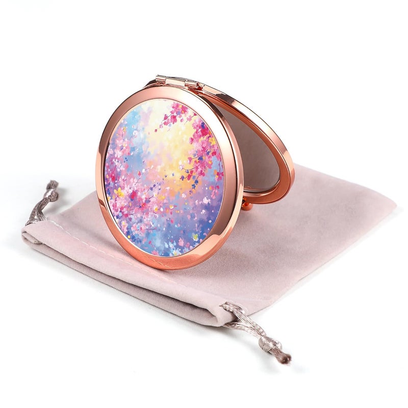 Dynippy Compact Mirror Rose Gold Makeup Mirror Folding Mini Pocket Mirror Portable Hand Mirror Double-Sided 2 x 1x Magnification for Woman Girls - Dreamy Blooms - Image 1
