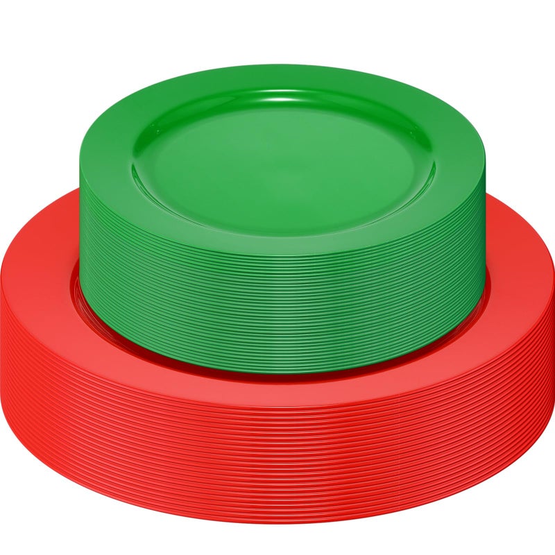 Maxcheck 80 Pcs Christmas Disposable Plastic Plates Green and Red Party Plates Includes 7 Heavy Duty Green Dessert Plates 10 Red Dinner Plate Dinnerware for Christmas