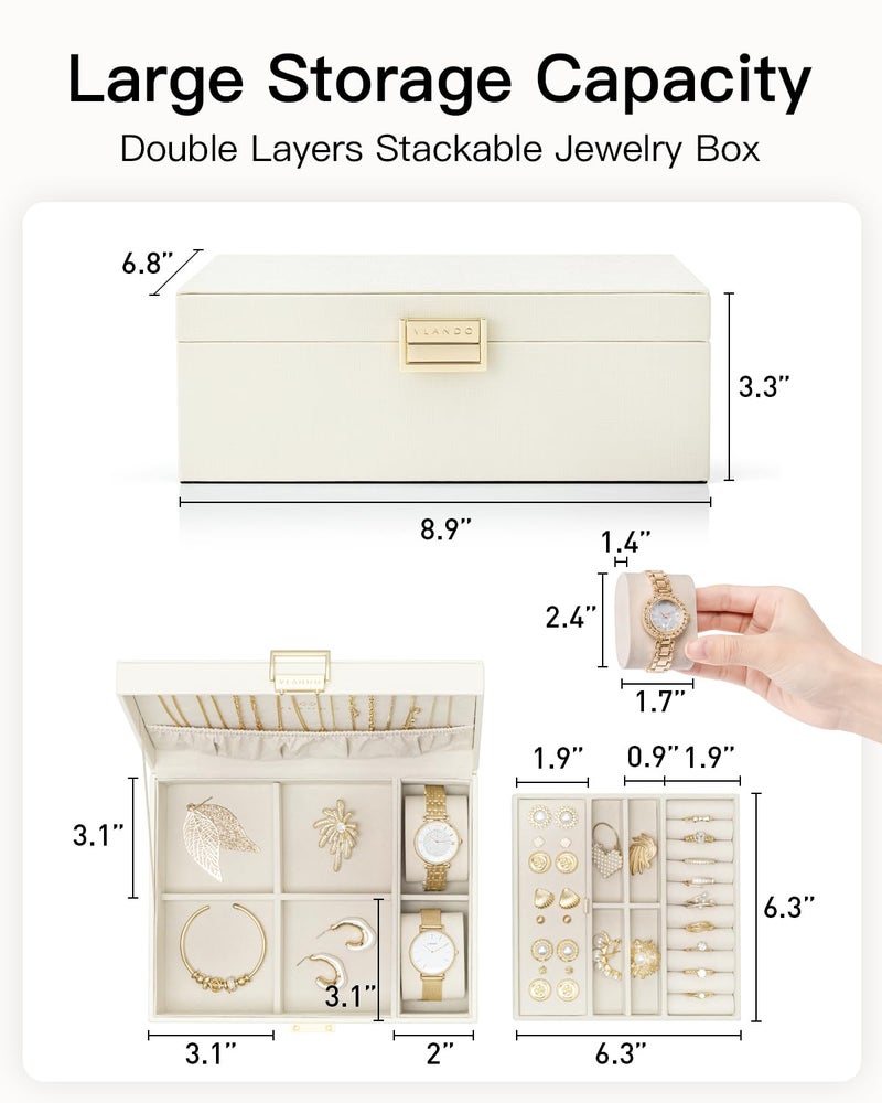 Vlando Jewelry Organizer,2 Layer Jewelry Box Large Jewelry Organizer for Women Removable Jewelery Tray with Watch Pillow for Necklace Earrings Rings Bracelets(Cream White) - Image 3