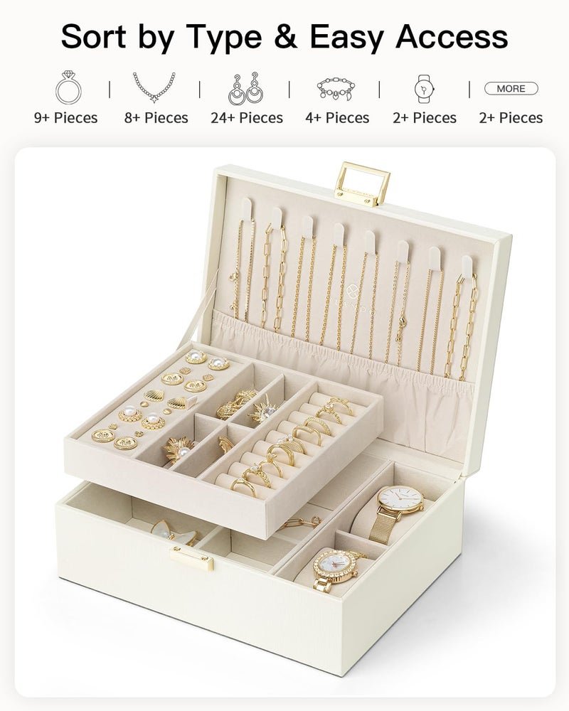 Vlando Jewelry Organizer,2 Layer Jewelry Box Large Jewelry Organizer for Women Removable Jewelery Tray with Watch Pillow for Necklace Earrings Rings Bracelets(Cream White) - Image 5