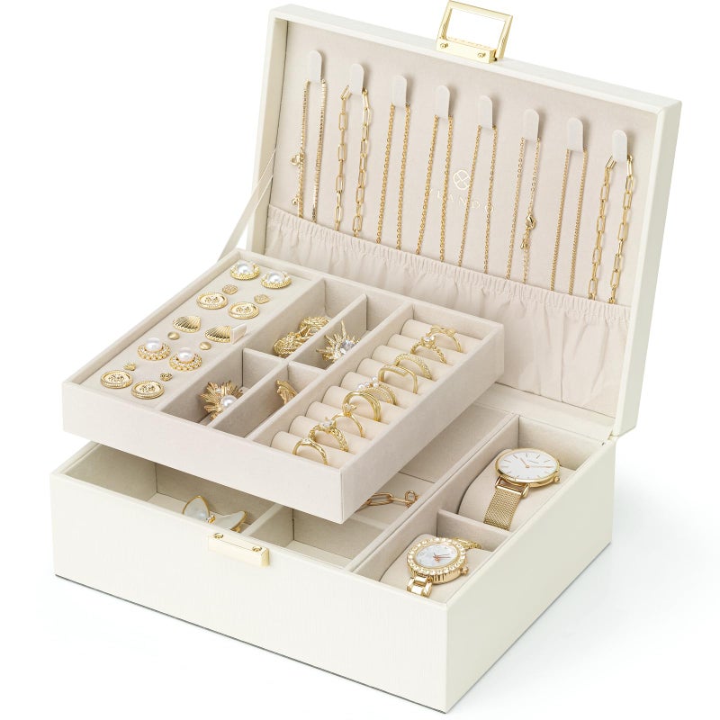 Vlando Jewelry Organizer,2 Layer Jewelry Box Large Jewelry Organizer for Women Removable Jewelery Tray with Watch Pillow for Necklace Earrings Rings Bracelets(Cream White) - Image 1