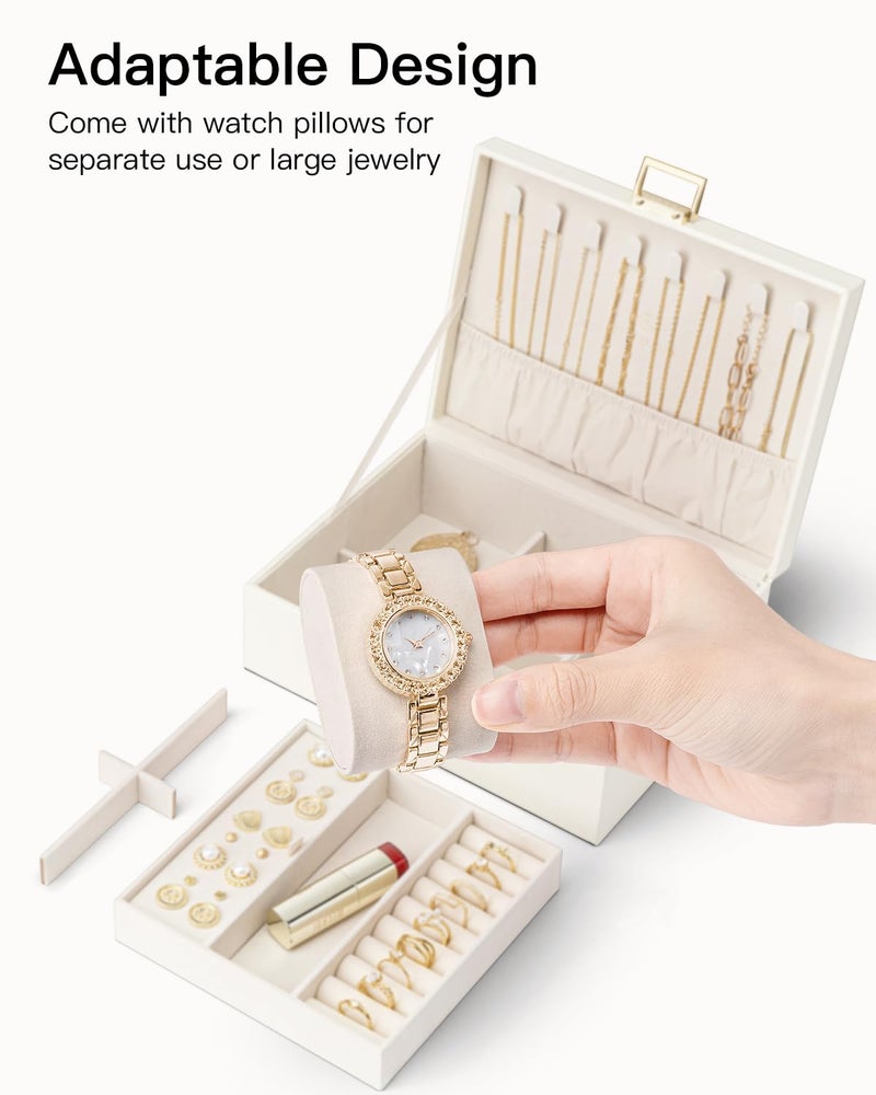 Vlando Jewelry Organizer,2 Layer Jewelry Box Large Jewelry Organizer for Women Removable Jewelery Tray with Watch Pillow for Necklace Earrings Rings Bracelets(Cream White) - Image 4