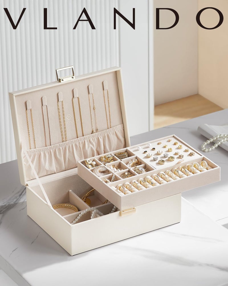 Vlando Jewelry Organizer,2 Layer Jewelry Box Large Jewelry Organizer for Women Removable Jewelery Tray with Watch Pillow for Necklace Earrings Rings Bracelets(Cream White) - Image 2