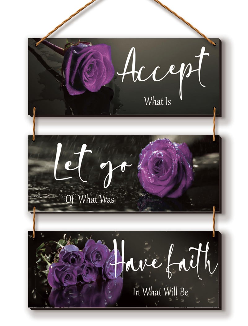 3 Pcs Purple Bathroom Decor Inspirational Purple Wall Decor Wooden Purple Rose Wall Art Bedroom Wall Decor With Accept Let Go Have Faith Quotes For Girl Women Office Living Room(Purple 10 X 4 Inch)