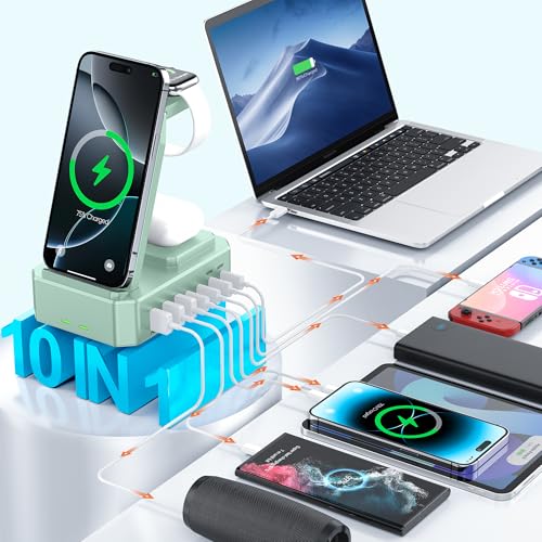 zutspzss 300W Charging Station for Multiple Devices Apple, Zutspzss 10 in 1 Wireless Charger for iPhone 16, GaN III USB C 65W PD Fast Charging Stand Dock for MacBook, Apple Watch&Airpods,Green - Image 3